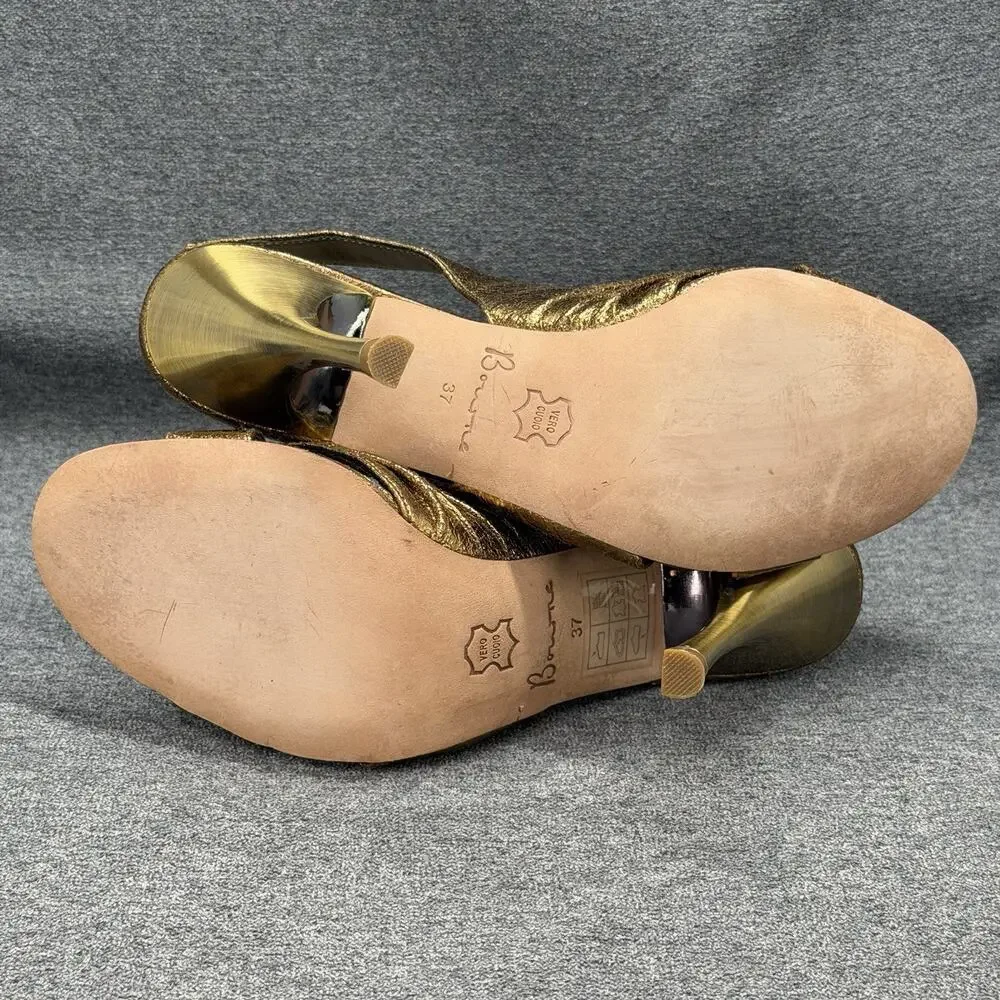 Bourne Leather Slingback Peep Toe Shoes Size 37 Metallic Gold Rhinestone Heels